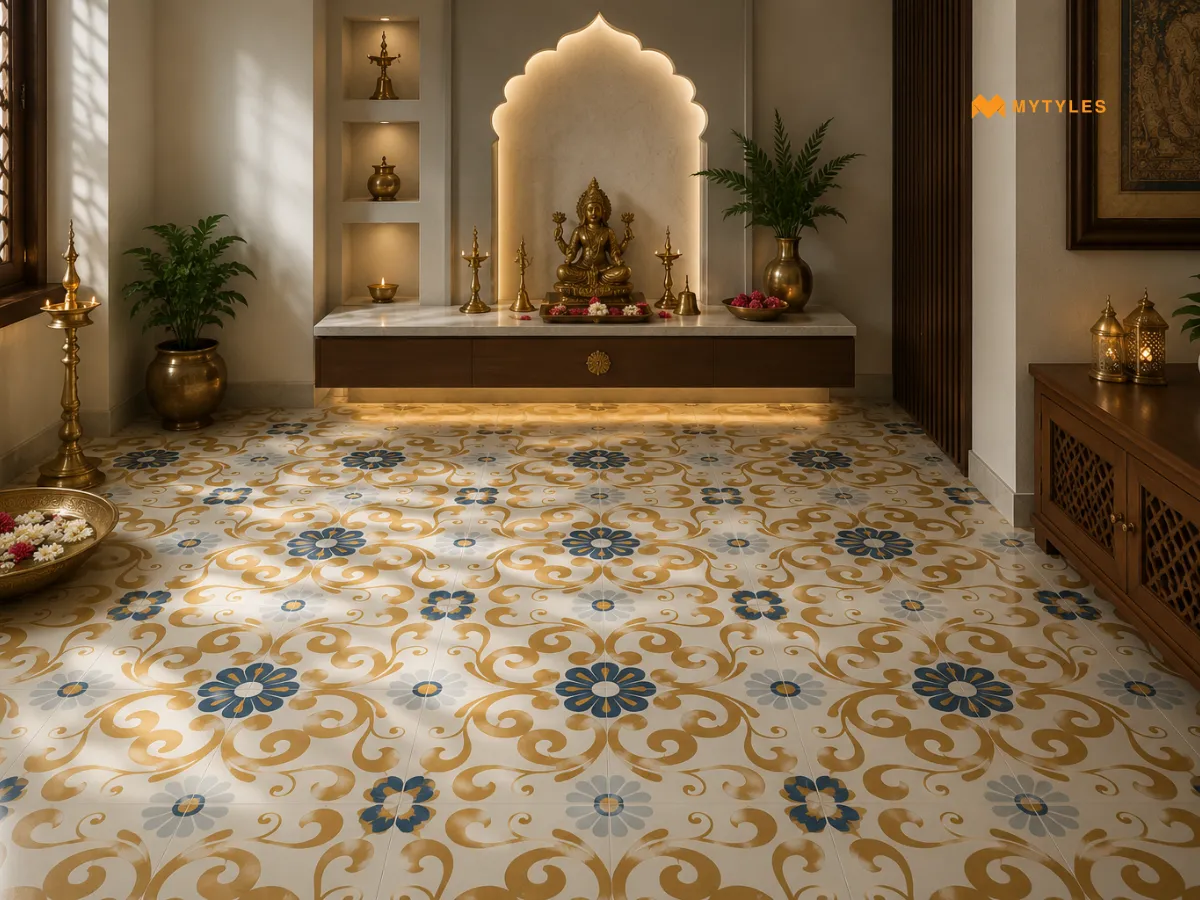 Floral Motif Floor Tiles for a Timeless Base
